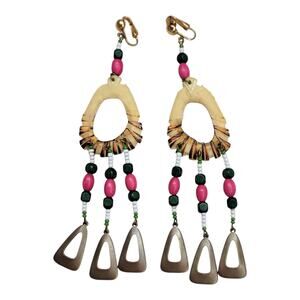 Vintage 70s Boho Ethnic Chandelier Dangle Clip On Earrings Wood Bead Statement